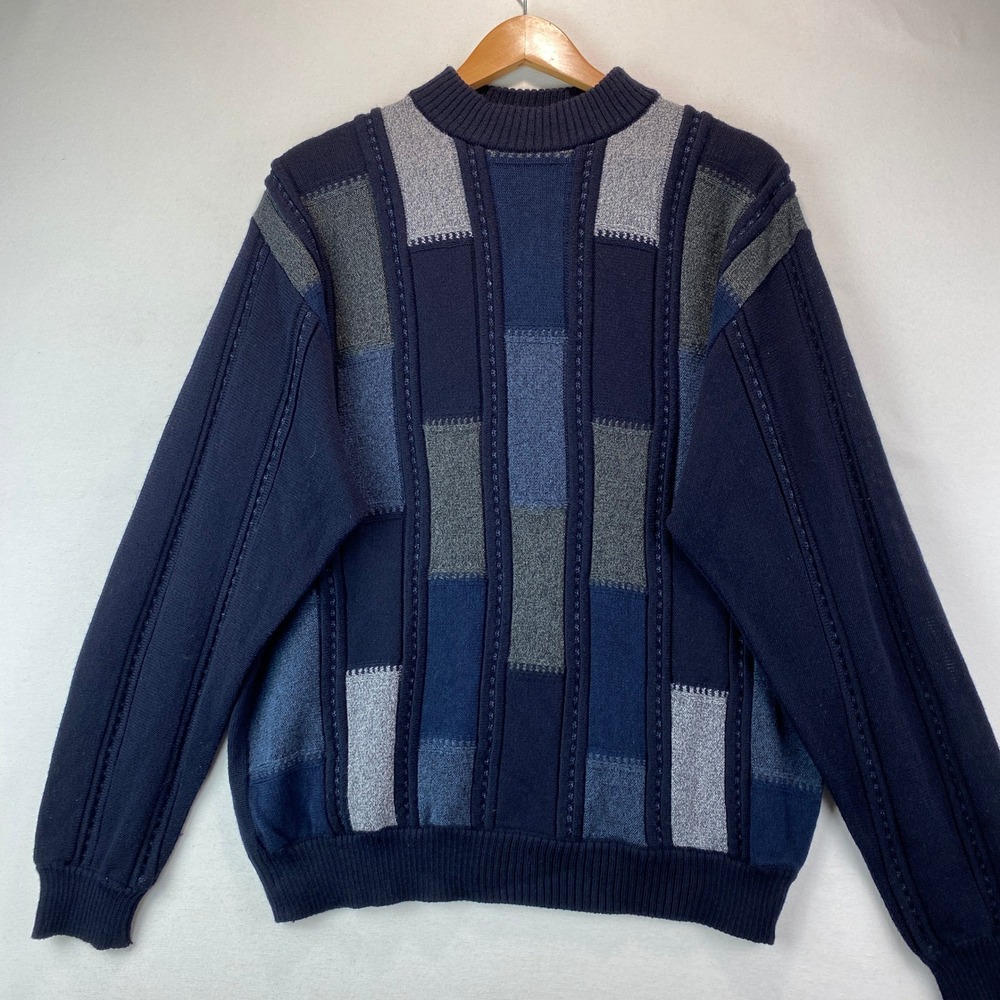 Bachrach Merino Wool Patchwork Coogi Style Sweater Mens L Navy Blue Grey Italy